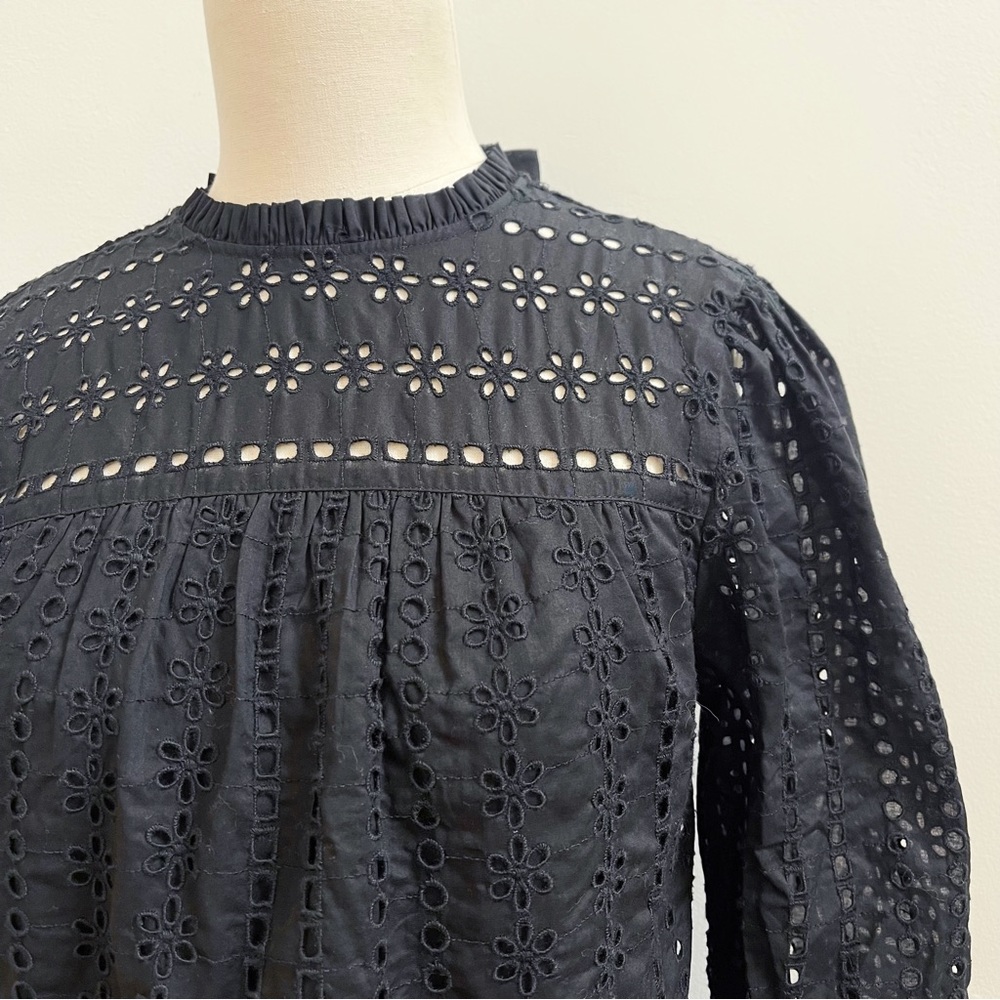 JCrew Black Eyelet Ribbon Tie Long Sleeve Cotton Blouse XS - Picture 4 of 12